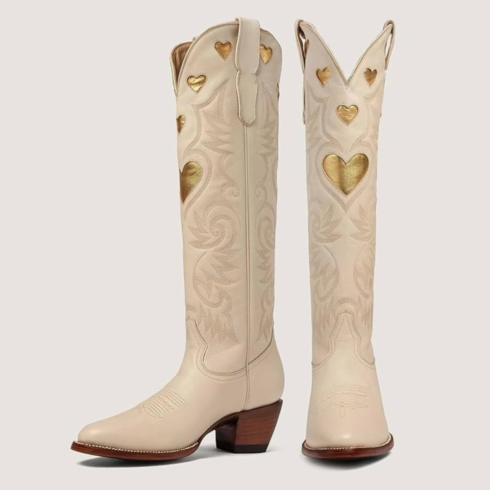 Amazon Cream and Gold Heart Embellished Heeled Boots